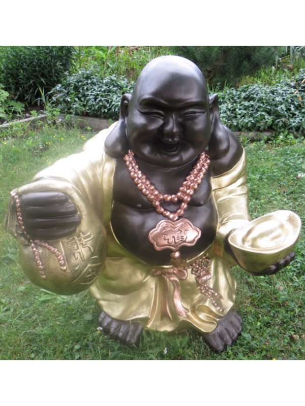 Lachender Glücksbuddha mit Opferschale und Hanfsack, H: 73cm