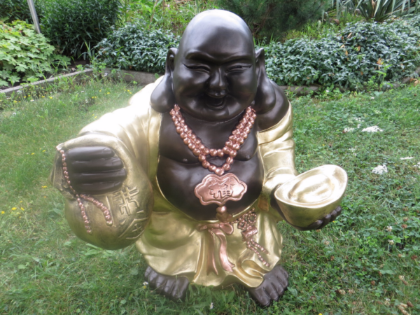 Lachender Glücksbuddha mit Opferschale und Hanfsack, H: 73cm 2