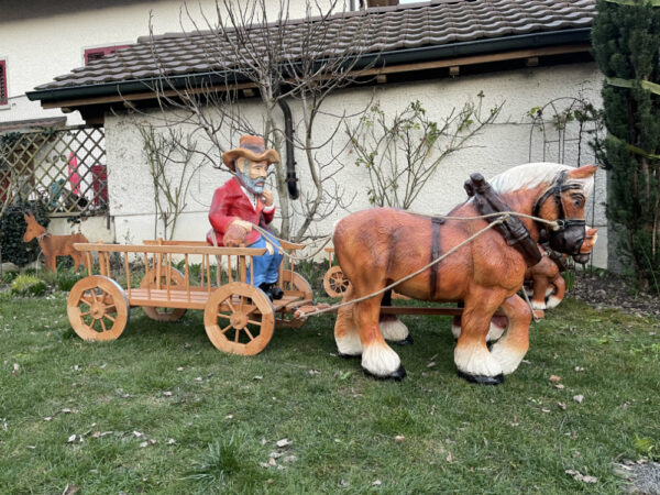 Pferde Figuren Deko mit Wagen 2-Achser und Kutscher, 200 cm